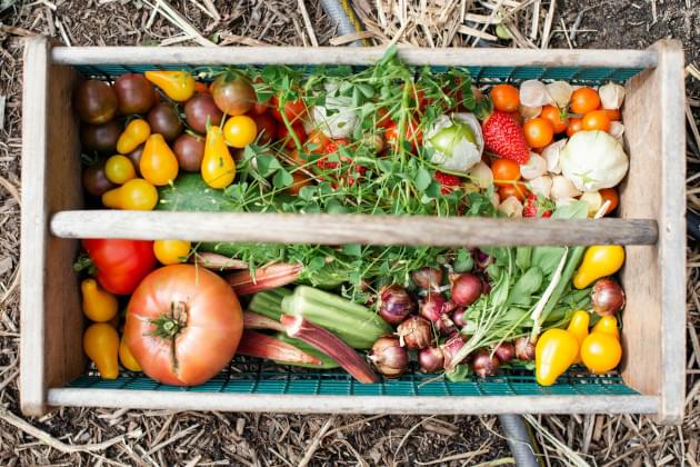 Wooden box full of fresh fruits and vegetables including strawberry, tomatoes, onion and more.