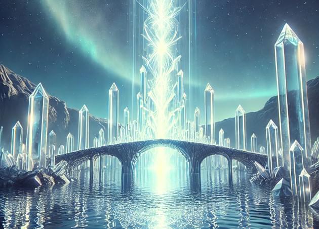 Pillar of white light over a crystal bridge that crosses the center of a deep blue lake.